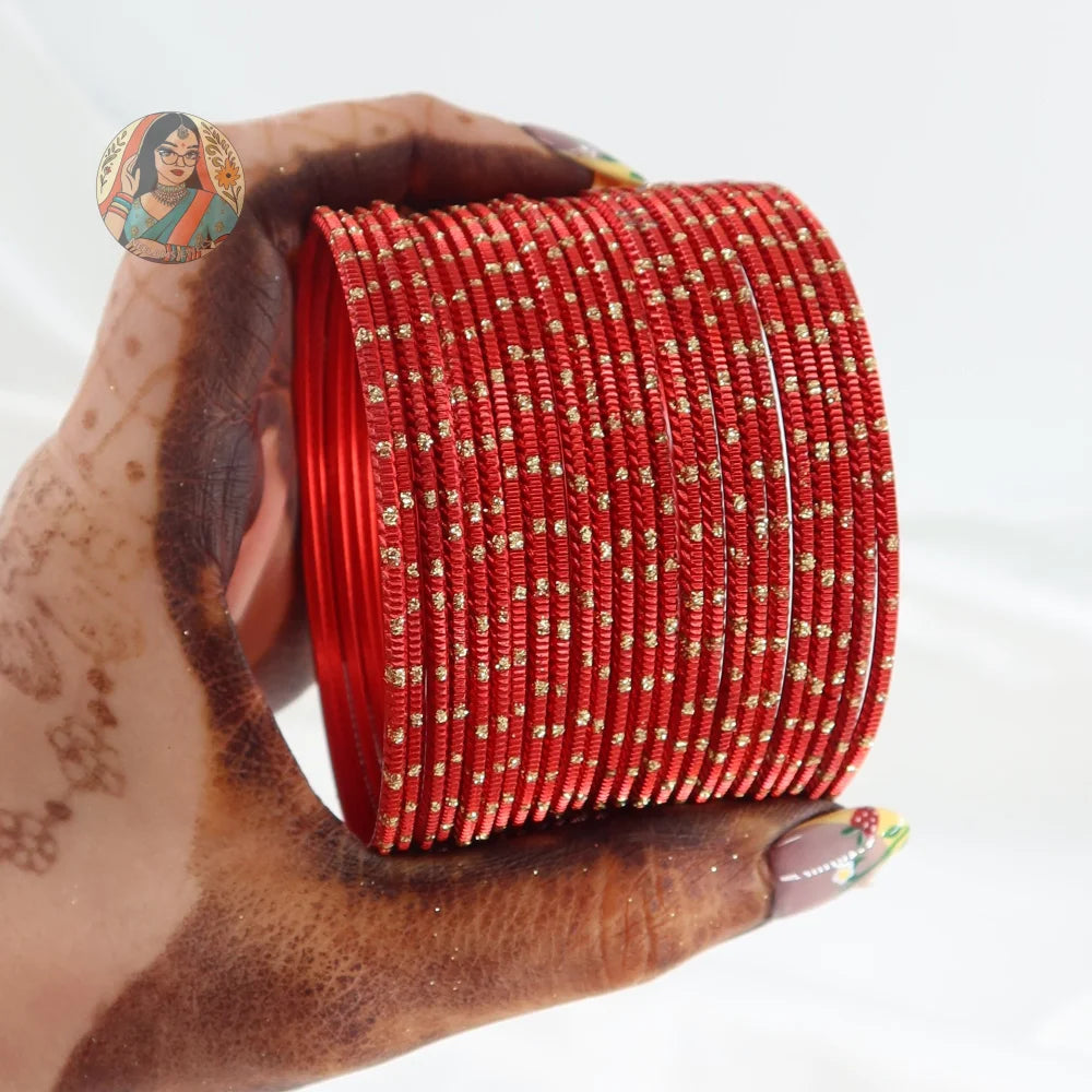 ’Red’ Shiny Gold Dotted Bangle Set