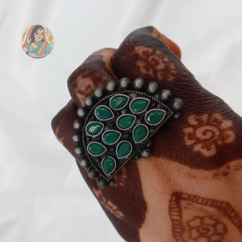 Sanam Oxidized Silver Ring (Green)