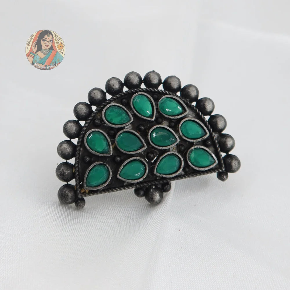 Sanam Oxidized Silver Ring (Green)