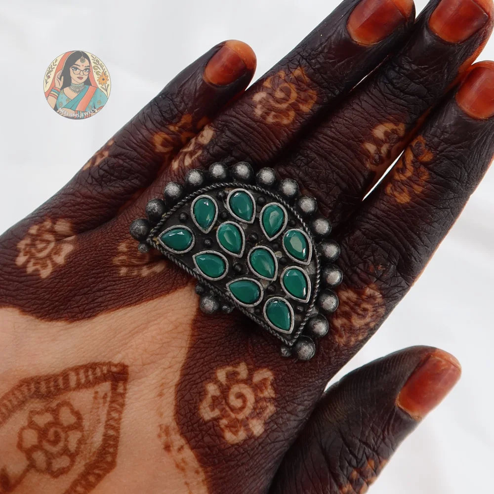 Sanam Oxidized Silver Ring (Green)