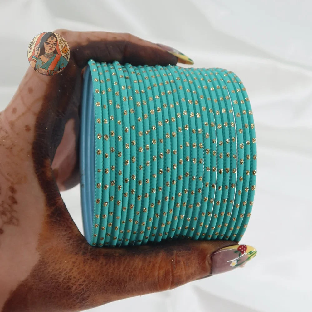 ’Sea Blue’ Matte Gold Dotted Bangle Set