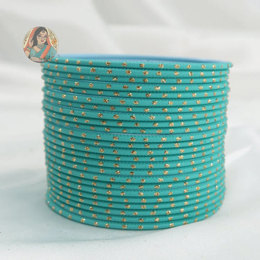 ’Sea Blue’ Matte Gold Dotted Bangle Set