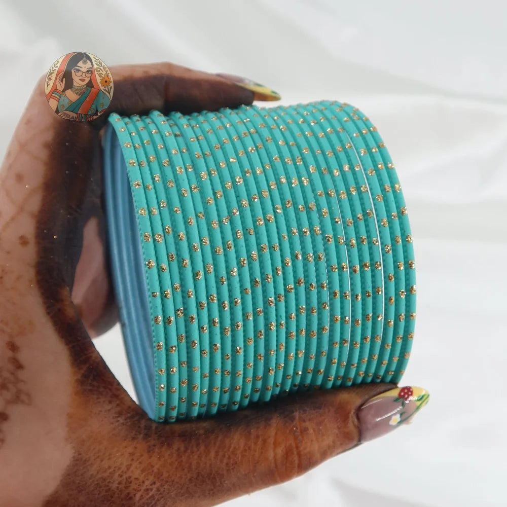 ’Sea Blue’ Matte Gold Dotted Bangle Set