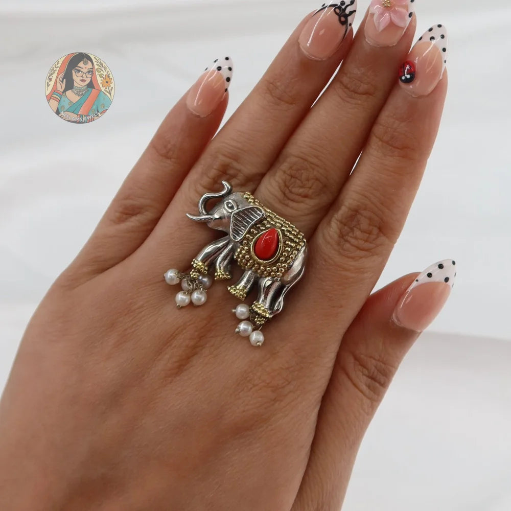 Silver Oxidized Elephant Ring - A