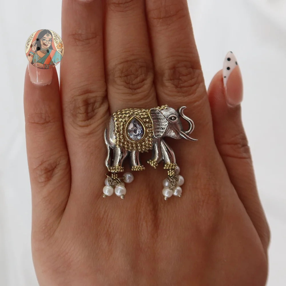 Silver Oxidized Elephant Ring - E