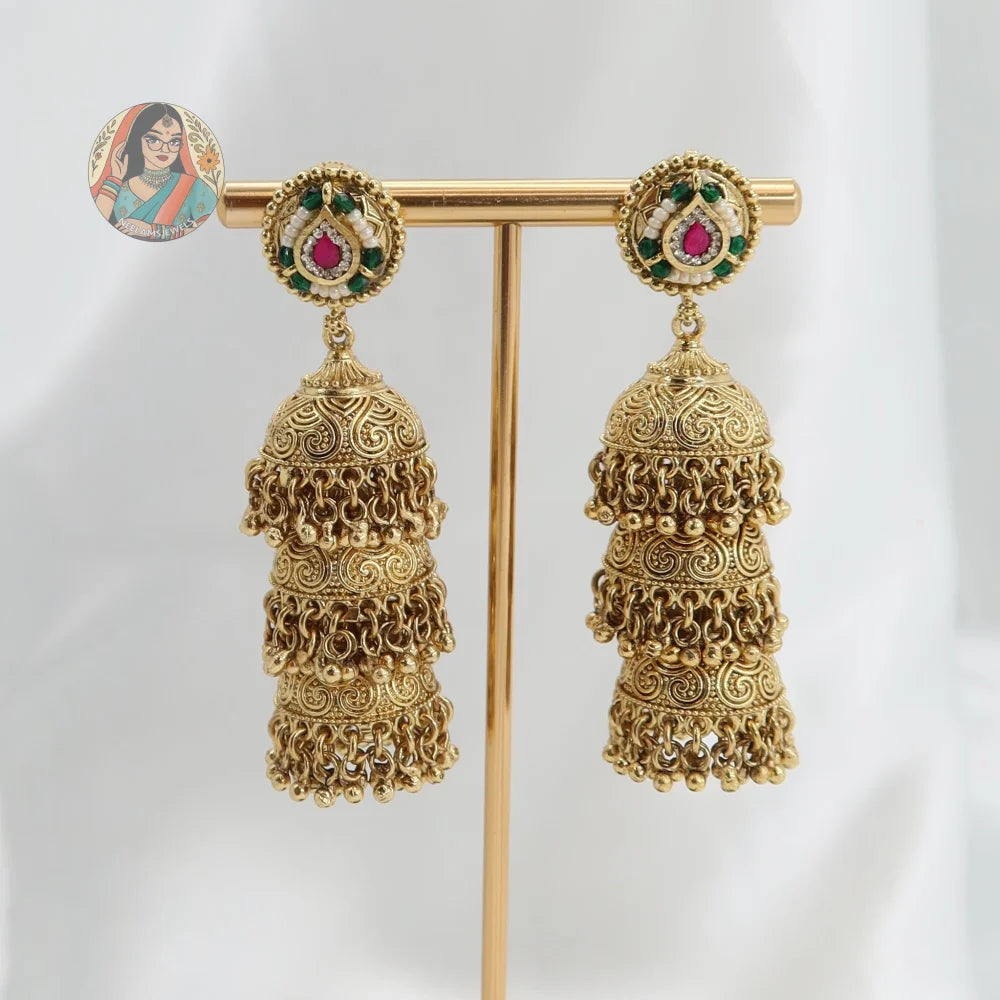 Simren Gold 3-Tier Jhumka Earrings