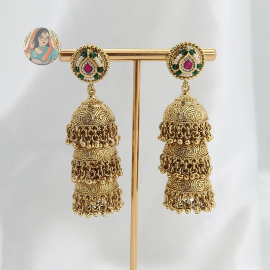 Simren Gold 3-Tier Jhumka Earrings
