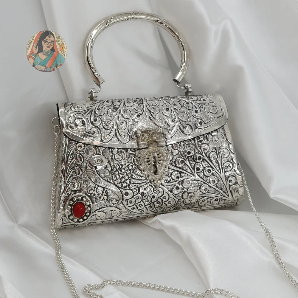 Siya - Metal Handbag - Silver/Red