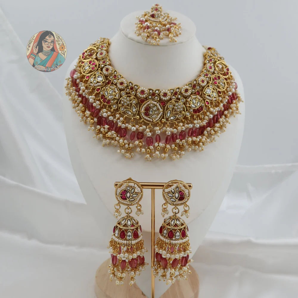 Sohniya Semi Bridal Necklace Set (Pink)