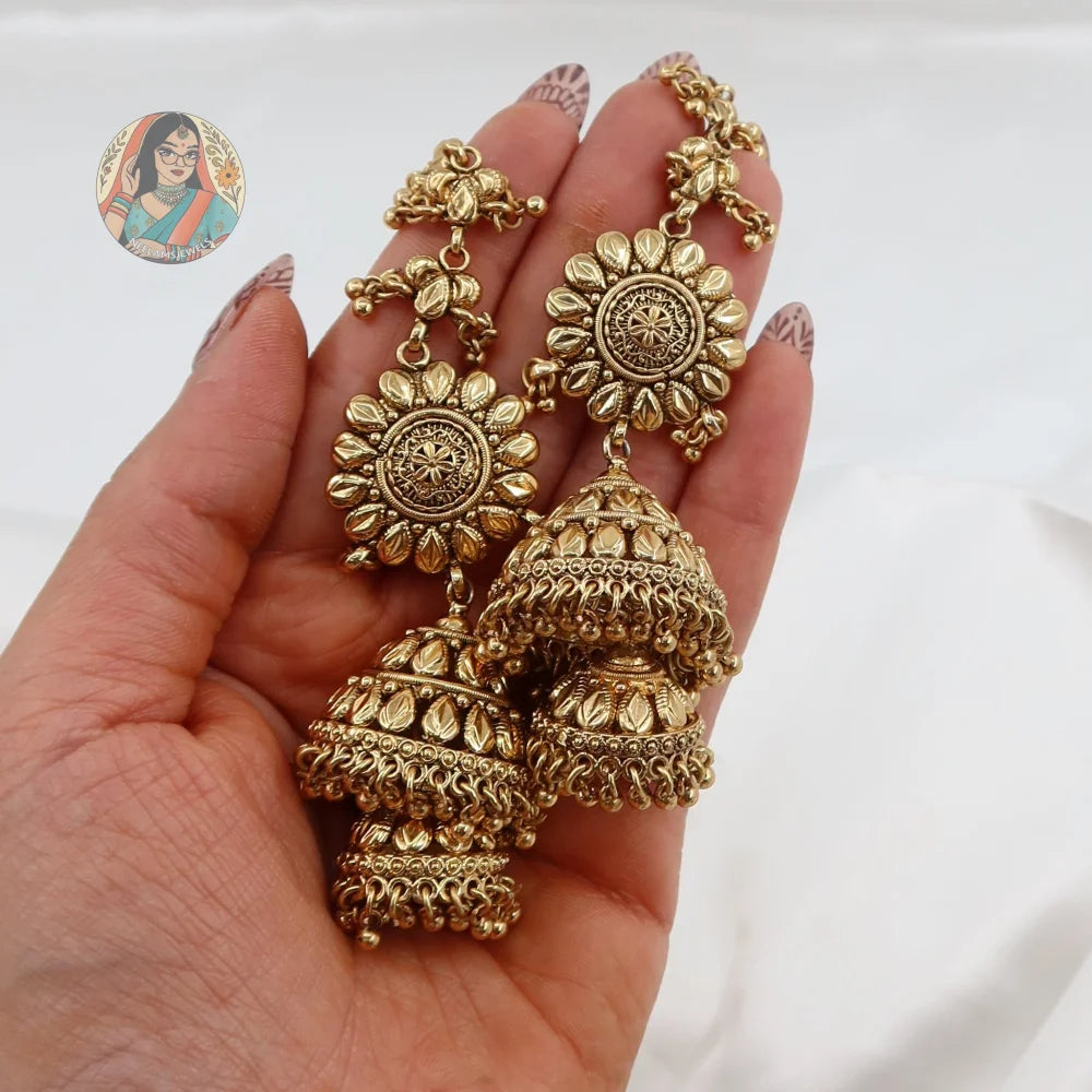 Sona Gold Jhumki Earrings With Saharey/Kannchain