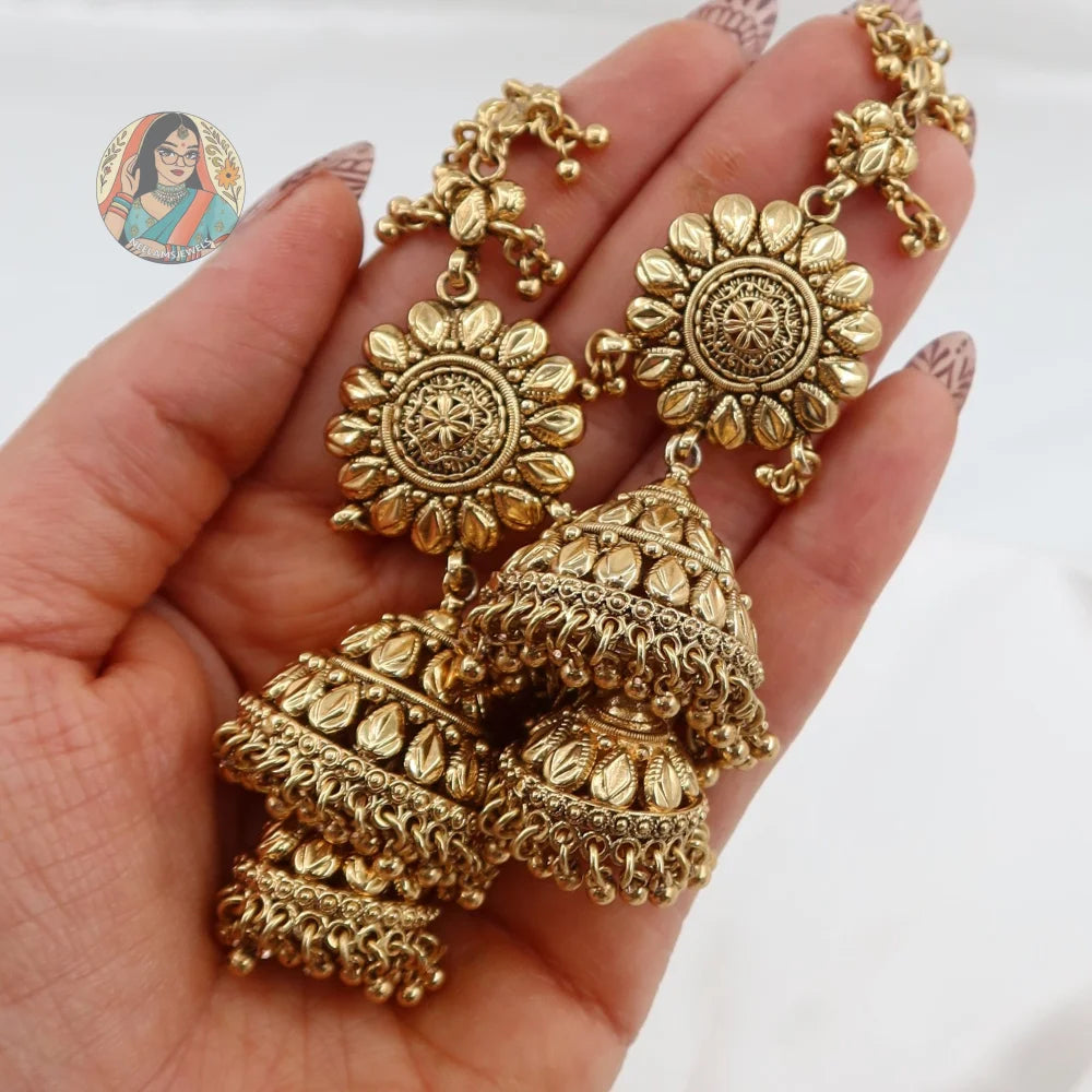 Sona Gold Jhumki Earrings With Saharey/Kannchain