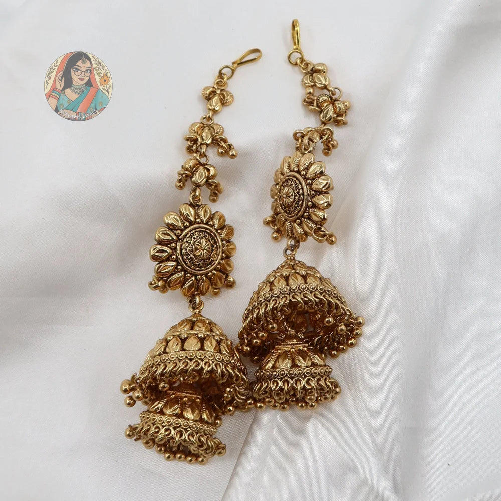 Sona Gold Jhumki Earrings With Saharey/Kannchain