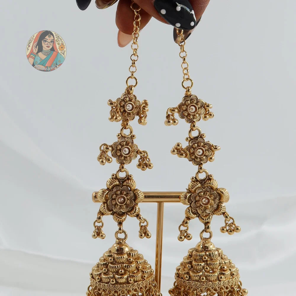 Sonam Gold Jhumki Earrings With Saharey/Kannchain