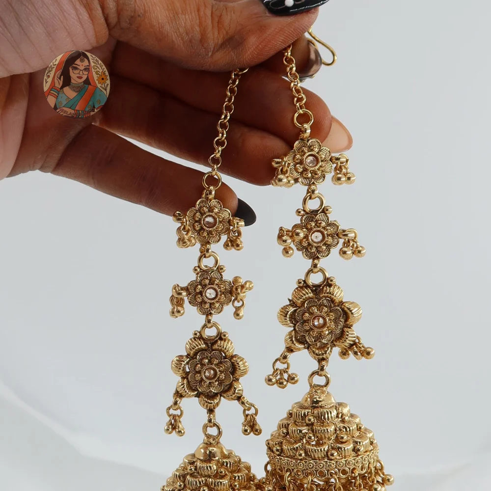 Sonam Gold Jhumki Earrings With Saharey/Kannchain