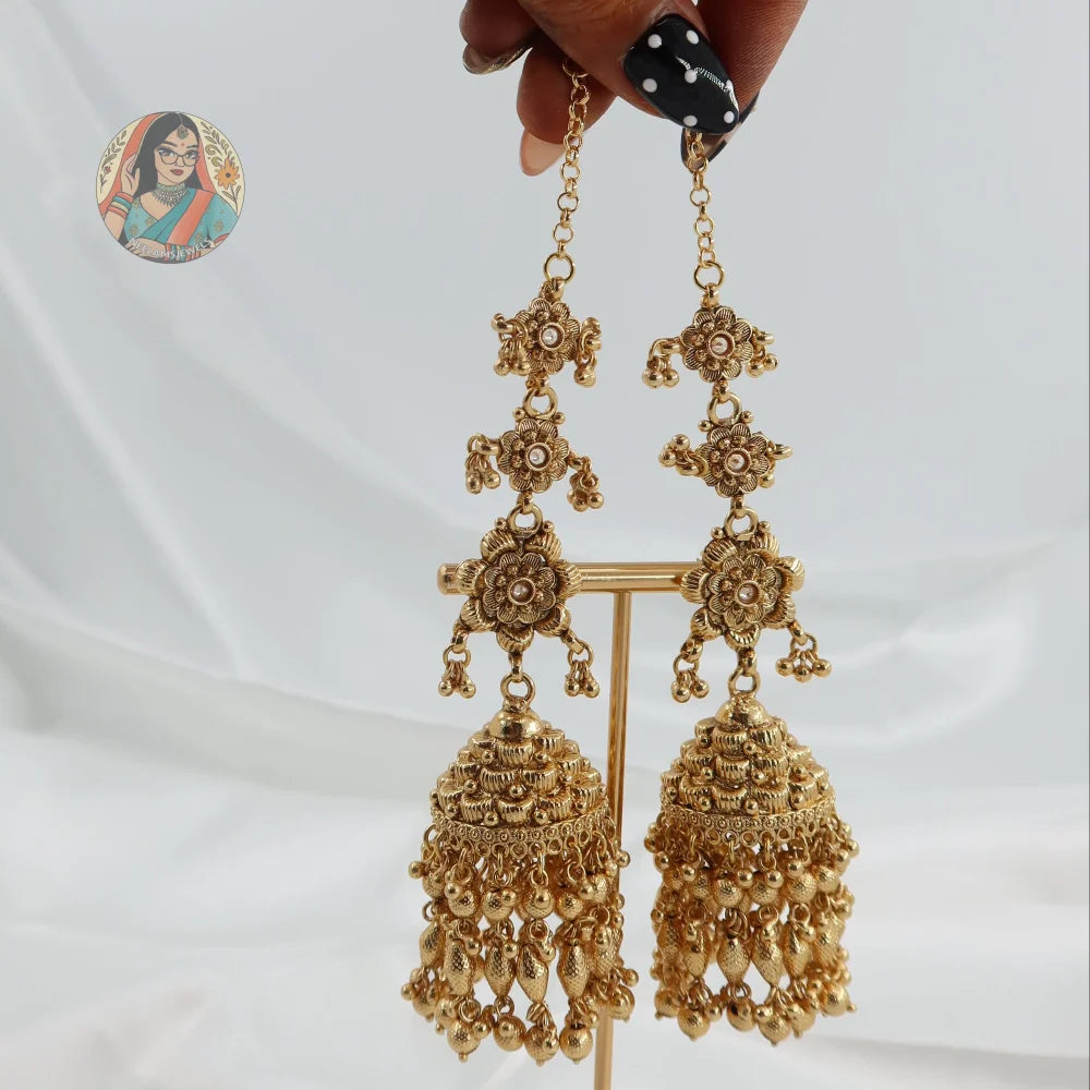 Sonam Gold Jhumki Earrings With Saharey/Kannchain
