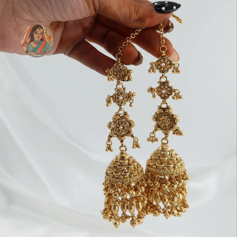 Sonam Gold Jhumki Earrings With Saharey/Kannchain