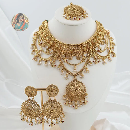 Uzma Gold Necklace Set - Red/Pearl