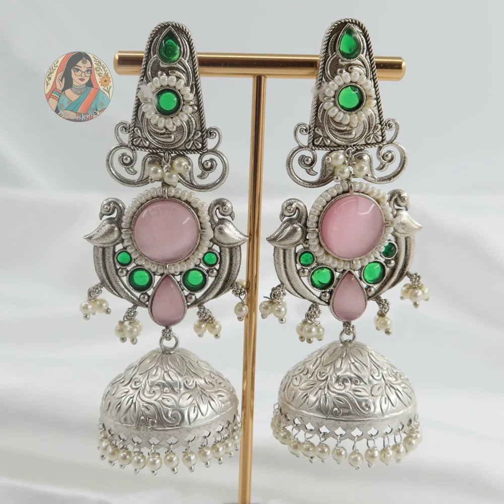 Vritika Silver Earrings - Pink & Green
