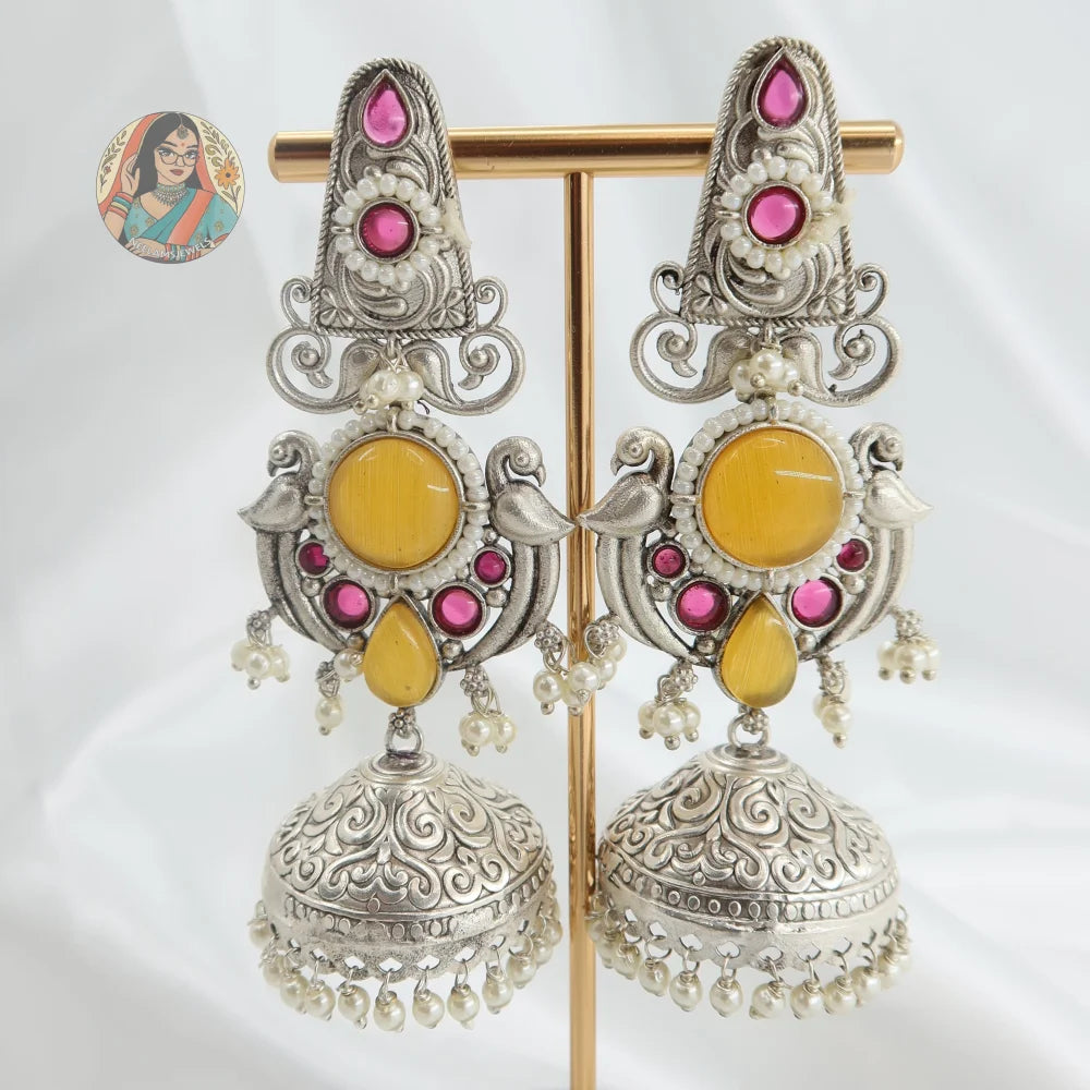 Vritika Silver Earrings - Yellow & Pink