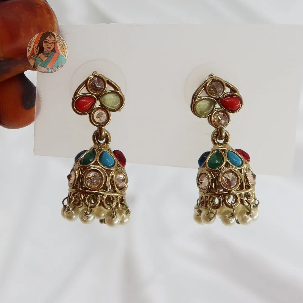 White Kundan Pearl Mini Jhumki - Multicolor